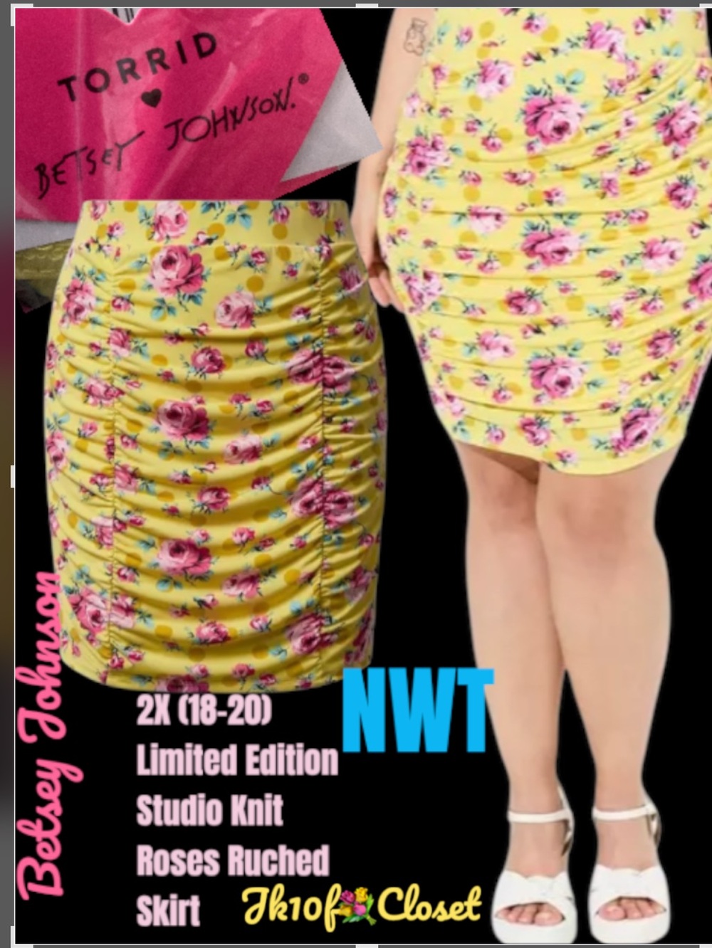 🌷NWT TORRID BETSEY JOHNSON 2X(18-20) STUDIO KNIT PINK ROSES RUCHED MINI SKIRT